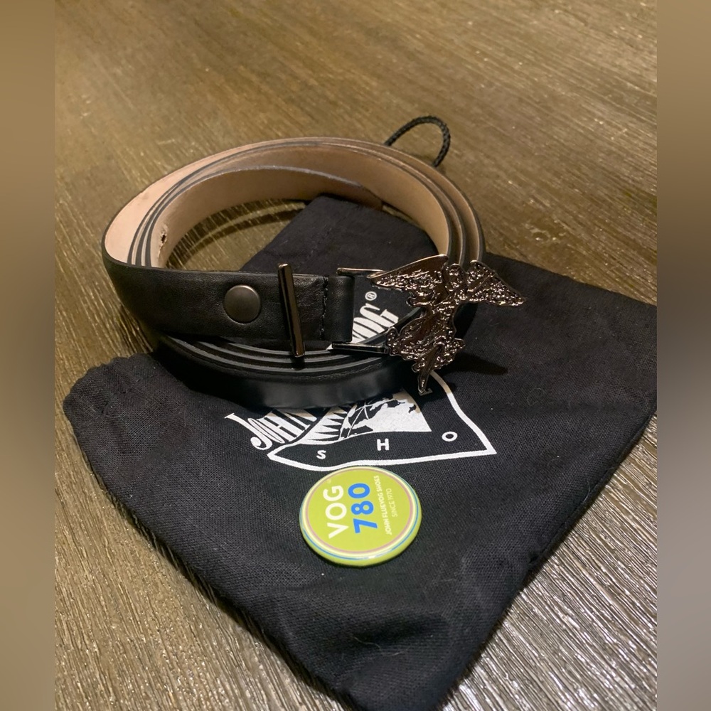 John Fluevog Black Belt with Intricate Silver Buckle